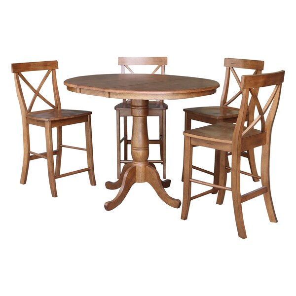 International Concepts Round 36 in Round Extension Dining Table with 4 Stools, Distressed Oak, 36 in W, 48 in L, 35.3 in H K42-36RXT-6B-S6132-4 - main